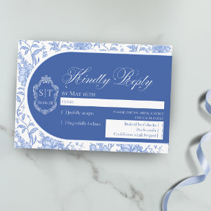 Crest Monogram Delft Blue Floral Script RSVP Card