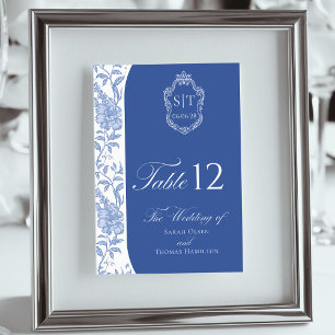 Crest Monogram Delft Blue Floral Script Table Number