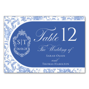 Crest Monogram Delft Blue Floral Script Table Number