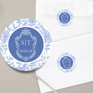 Crest Monogram Delft Blue Floral Wedding Classic Round Sticker