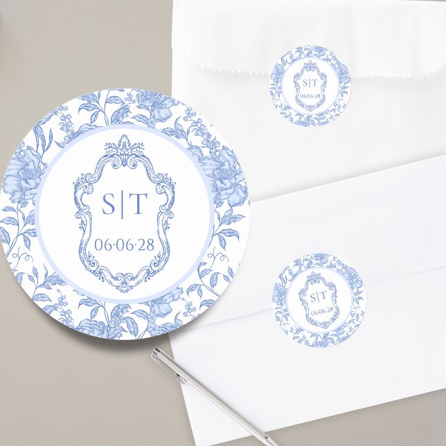 Crest Monogram Delft Blue Floral Wedding Classic Round Sticker (Creator Uploaded)
