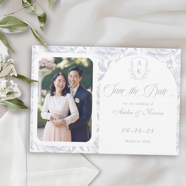 Crest Monogram Dusty Blue Script Photo Save The Date (Creator Uploaded)