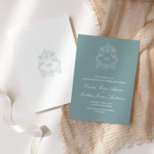 Crest Monogram Dusty Blue Sophisticated Wedding Invitation