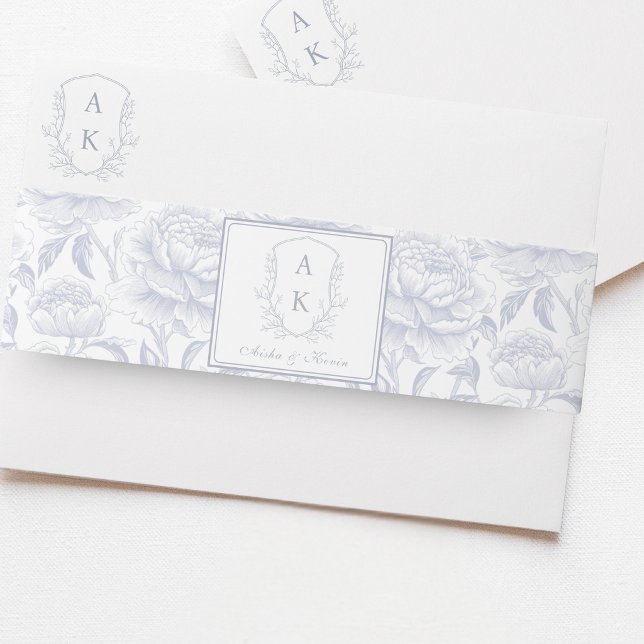 Crest Monogram Dusty Blue Wedding Invitation Belly Band (Creator Uploaded)