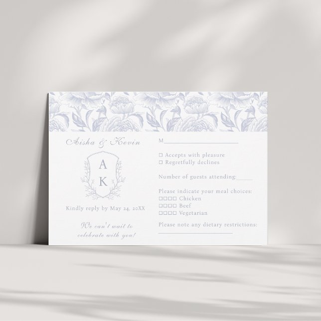 Crest Monogram Dusty Blue Wedding landscape RSVP Card (Creator Uploaded)