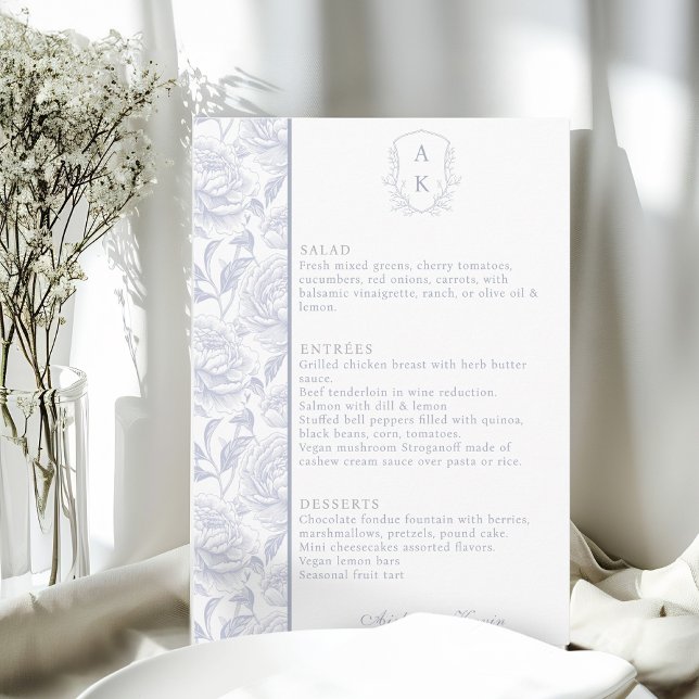 Crest Monogram Dusty Blue Wedding Menu Card (Creator Uploaded)