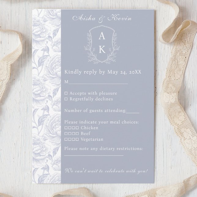 Crest Monogram Dusty Blue Wedding RSVP Card (Creator Uploaded)