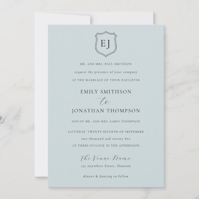 Crest Monogram Initials Dusty Blue Formal Wedding Invitation (Front)