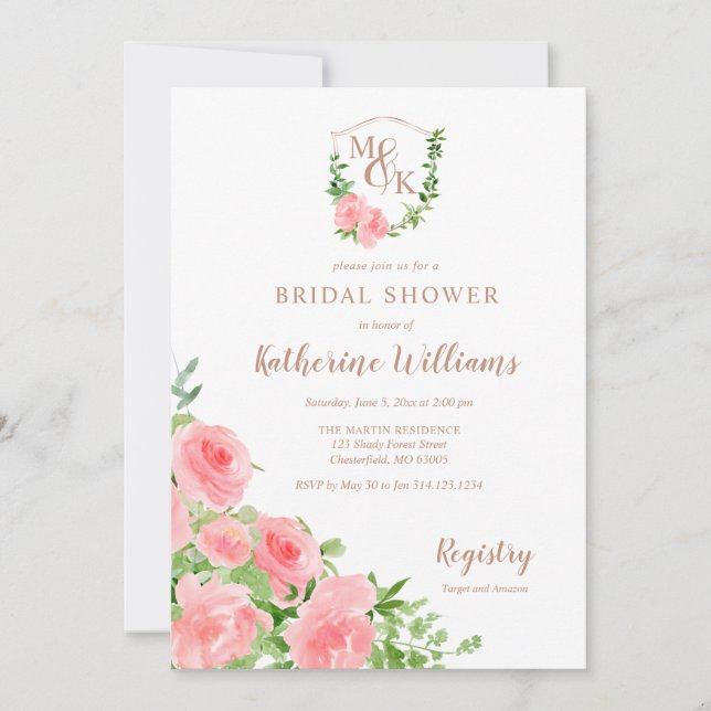 Crest Monogram Initials Pink Rose Bridal Shower Invitation (Front)