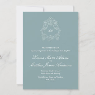 Crest Monogram Logo Dusty Blue Wedding Invitation