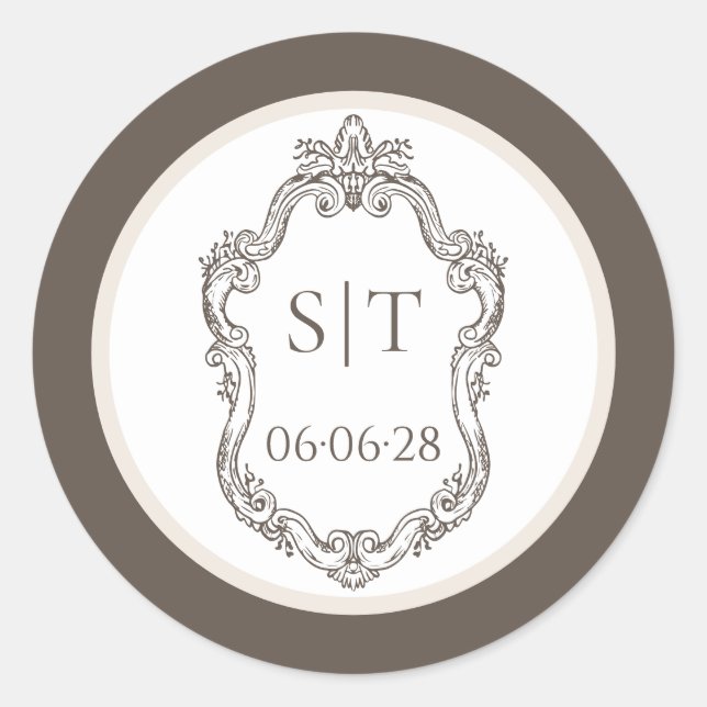 Crest Monogram Mocha And Cream Wedding Classic Round Sticker (Front)