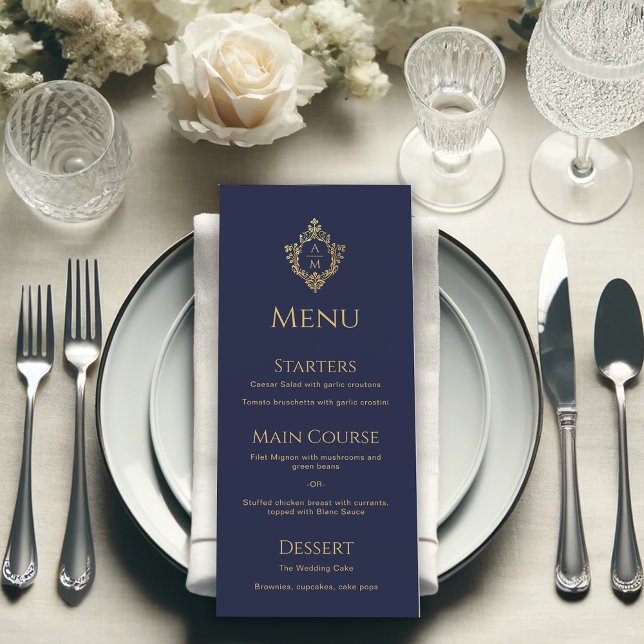 Crest Monogram Navy Blue Faux Gold Elegant Wedding Menu (Creator Uploaded)