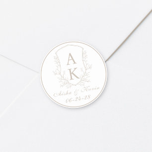 Crest Monogram Pale Taupe Wedding Classic Round Sticker