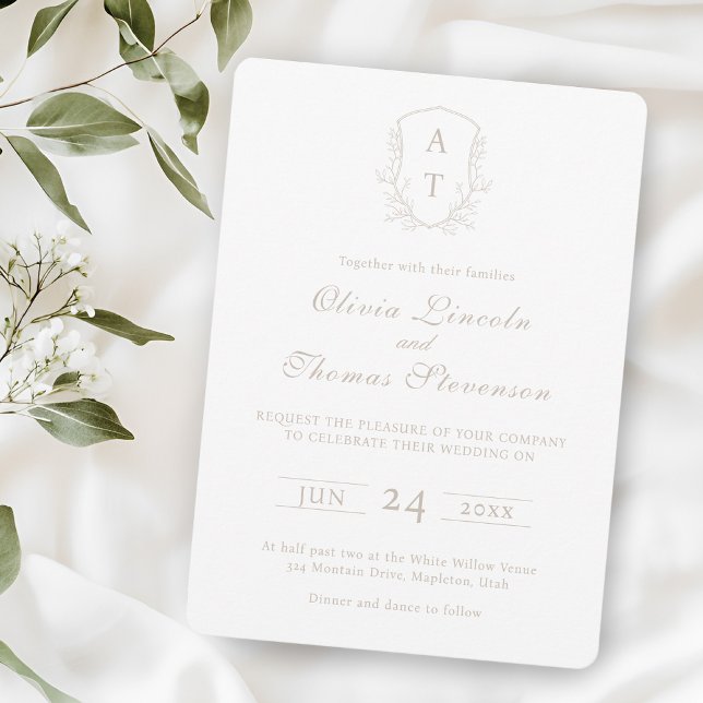 Crest Monogram Pale Taupe Wedding Invitation (Creator Uploaded)