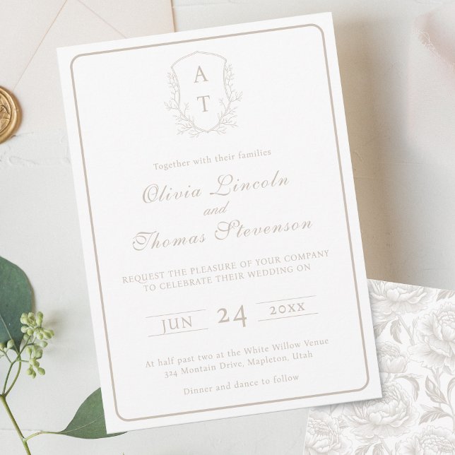 Crest Monogram Pale Taupe Wedding Invitation (Creator Uploaded)