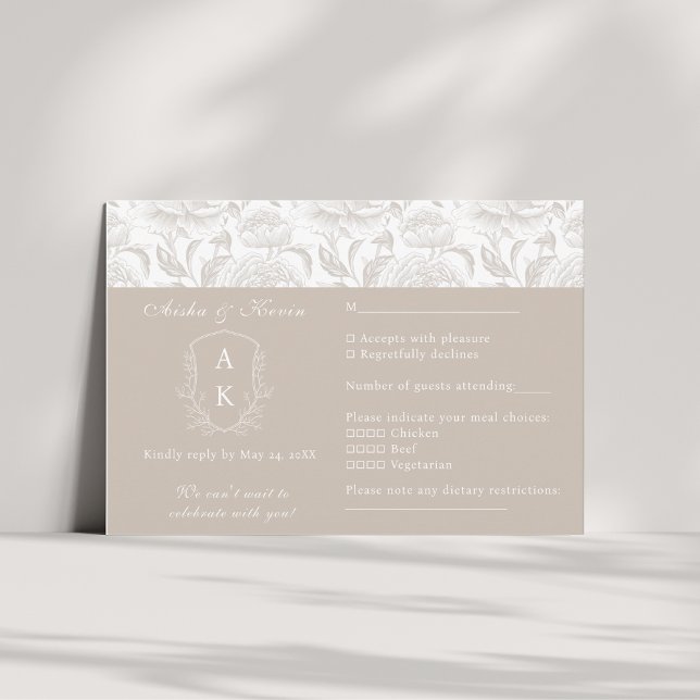 Crest Monogram Pale Taupe Wedding landscape RSVP Card (Creator Uploaded)