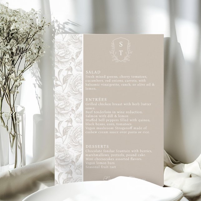 Crest Monogram Pale Taupe Wedding Menu Card (Creator Uploaded)