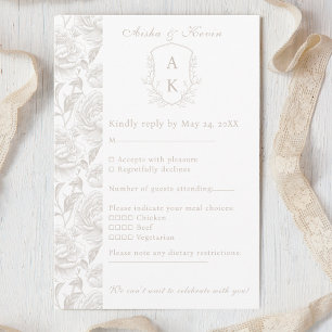 Crest Monogram Pale Taupe Wedding RSVP Card