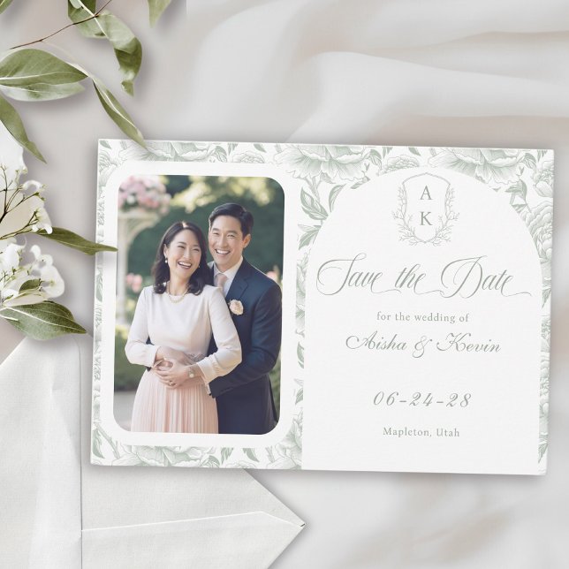 Crest Monogram Sage Green Script Photo Save The Date (Creator Uploaded)