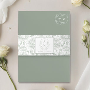 Crest Monogram Sage Green Wedding Invitation Belly Band