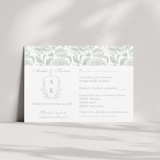 Crest Monogram Sage Green Wedding landscape RSVP Card
