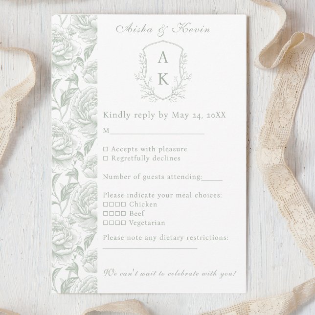 Crest Monogram Sage Green Wedding RSVP Card (Creator Uploaded)