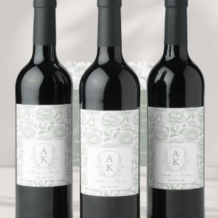 Crest Monogram Sage Green Wedding Wine Label