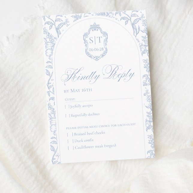 Crest Monogram Soft Delft Blue Floral Script RSVP Card (Creator Uploaded)