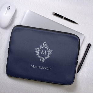 Crest Navy Blue Vintage Elegant Monogram and Name Laptop Sleeve