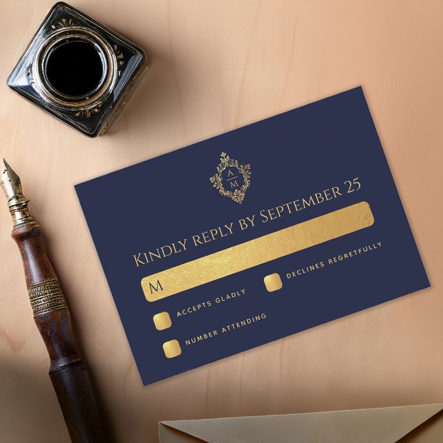 Crest Navy Blue Wedding Monogram Faux Gold Elegant RSVP Card (Creator Uploaded)