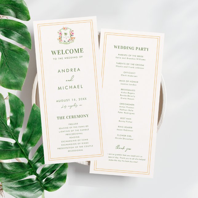 Crest Palm Tree Monogram Tropical Wedding Program Menu (Creator Uploaded)