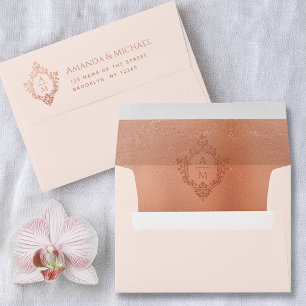 Crest Pink Rose Gold Wedding Monogram 2 Initials Envelope