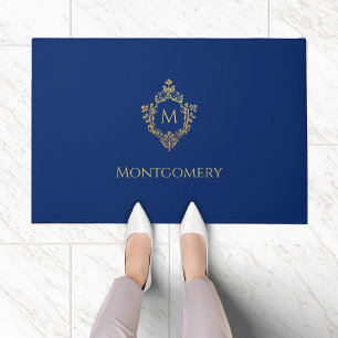 Crest Royal Blue Faux Gold Vintage Monogram Name  Doormat
