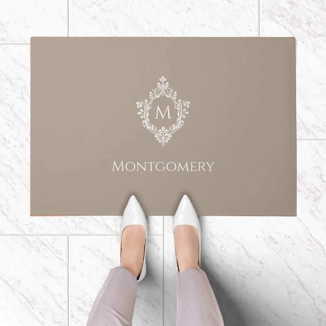 Crest Taupe Neutrals Elegant Monogram and Name Doormat (Creator Uploaded)