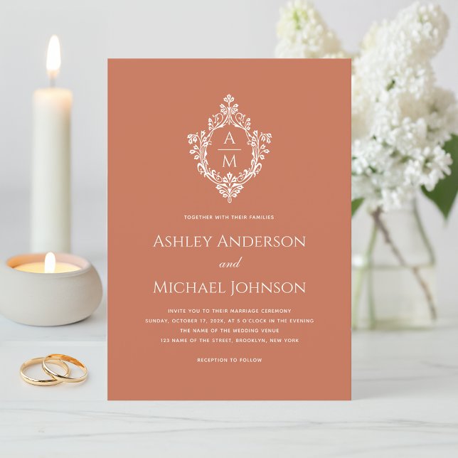 Crest Terracotta Wedding Monogram Elegant Vintage Invitation (Creator Uploaded)