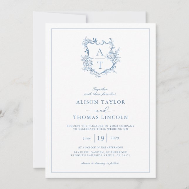 Crest Vibrant Blue Monogram QR Code Wedding Invitation (Front)