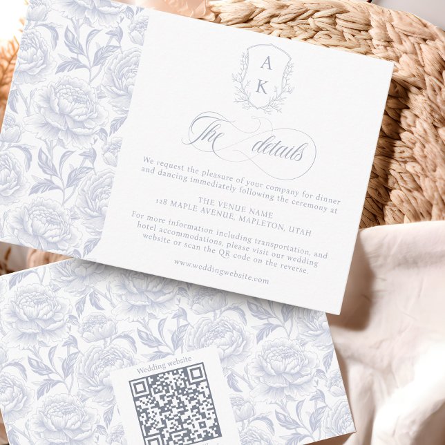 Crest Wedding Monogram Dusty Blue Script details Enclosure Card (Creator Uploaded)
