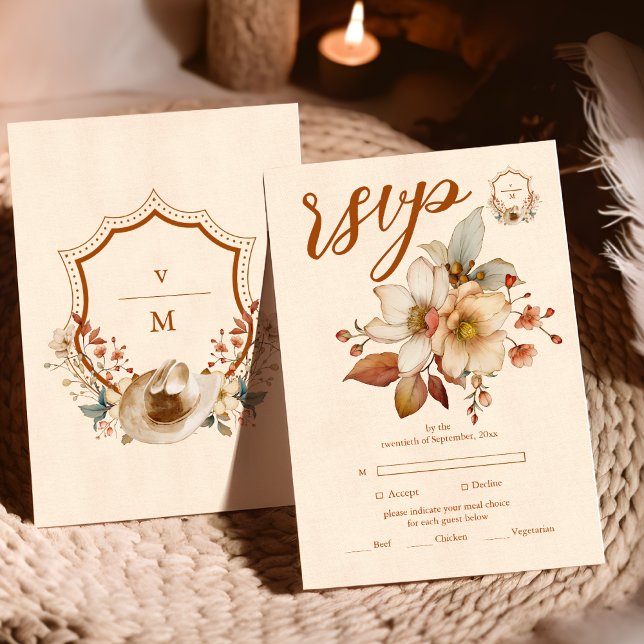 Crest  Western Country Bohemian Floral Wedding RSVP Card (Creator Uploaded)