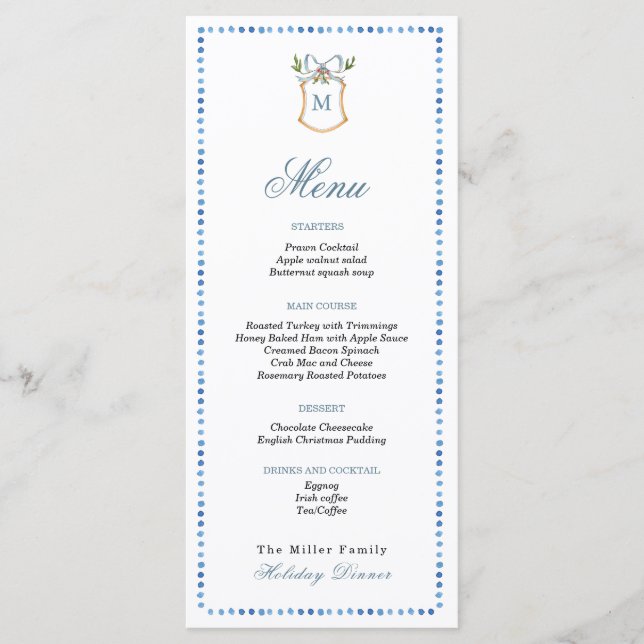 Crest with monogram Blue & White Holiday Menu (Front)
