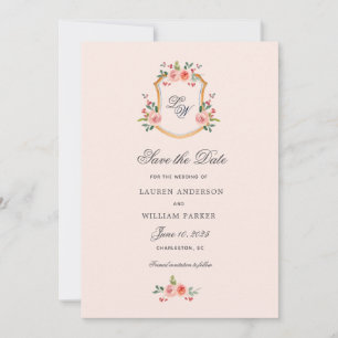 Crest with monogram floral  Save the Date   Invitation