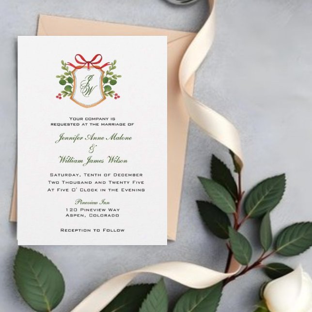 Crest with winter greenery Holiday wedding Invitation (Creator Uploaded)