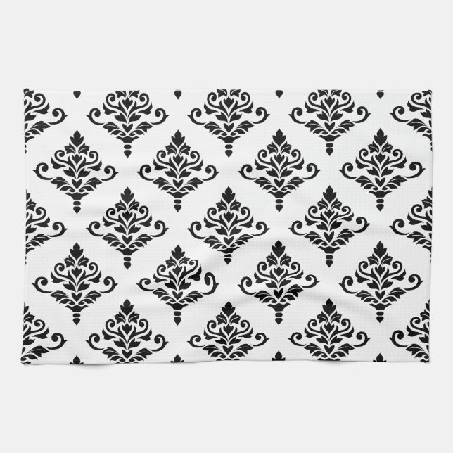 Cresta Damask Pattern (B) Black Tea Towel (Horizontal)