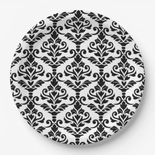 Cresta Damask Pattern Black on White Paper Plate