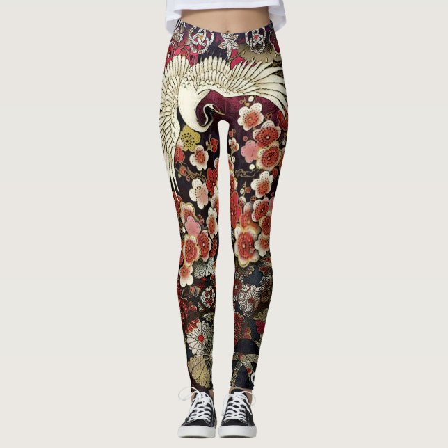 Crested Crane Blossoms Leggings (Front)