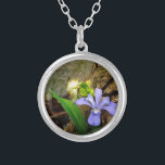 Crested Dwarf Iris blue purple white flower Silver Plated Necklace<br><div class="desc">Crested Dwarf Iris at Lake Arrowhead  trail Photo By Sandy Closs While hiking in May. Beautiful,  colourful Blue purple  Wild Iris growing on the woods near this Clear blue north Georgia lake. Flowers,  floral,  wildflowers,  wedding ,  sympathy,  birthday,  "mother's day" party lavender white</div>
