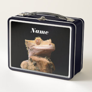 Crested Gecko Lizard on black Metal Lunch Box