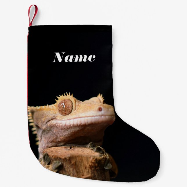 Crested Gecko Lizard on black Small Christmas Stocking (Front)
