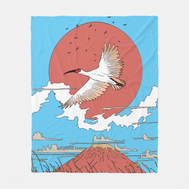 Crested Ibis in Flight Fleece Blanket (Front)