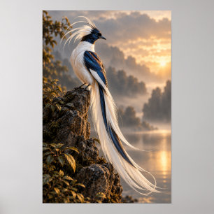 Crested Long-Tailed Bird at Golden Sunset Wildlife Poster