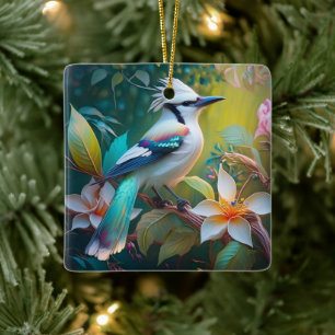 Crested Teal Winged Jay Ceramic Ornament